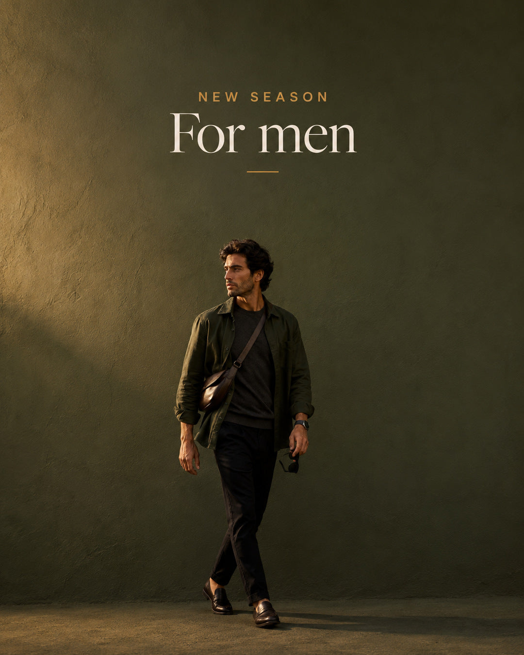 Men's mobile banner with man wearing an olive overshirt and dark leather crossbody bag