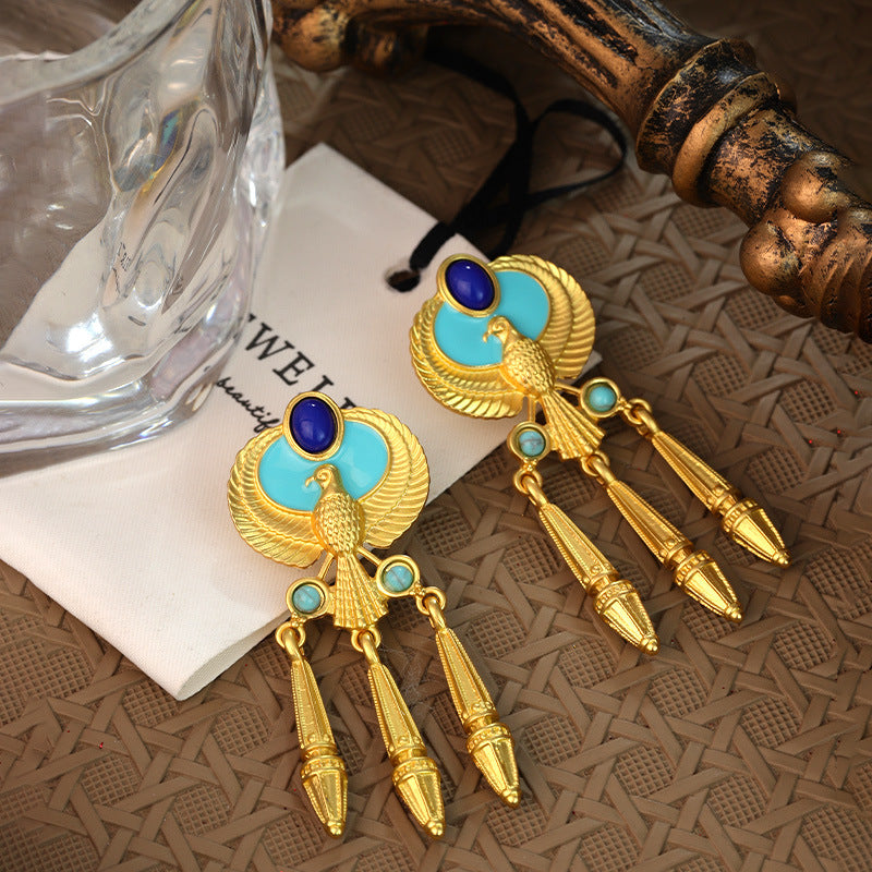 Silver Needle Middle vintage Phoenix Tassel Earrings