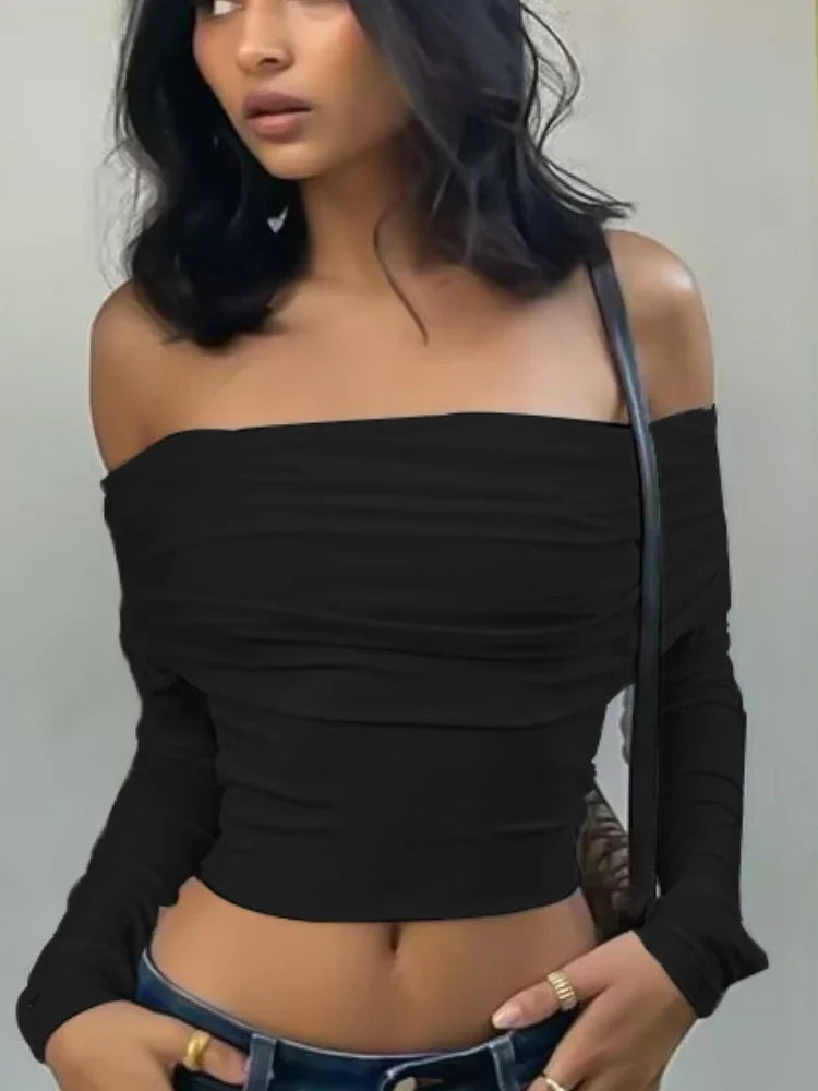 Liora Ruched Mesh Off-Shoulder Top