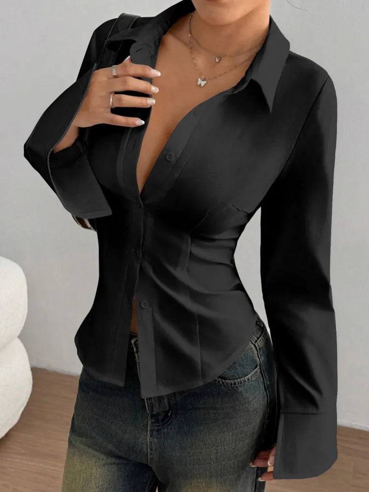 GLOSHWEAR Aveline Contrast-Panel Blouse, slim long-sleeve blouse with contrast panels