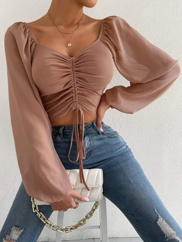 Marisol Drawstring Crop Top in Coffee