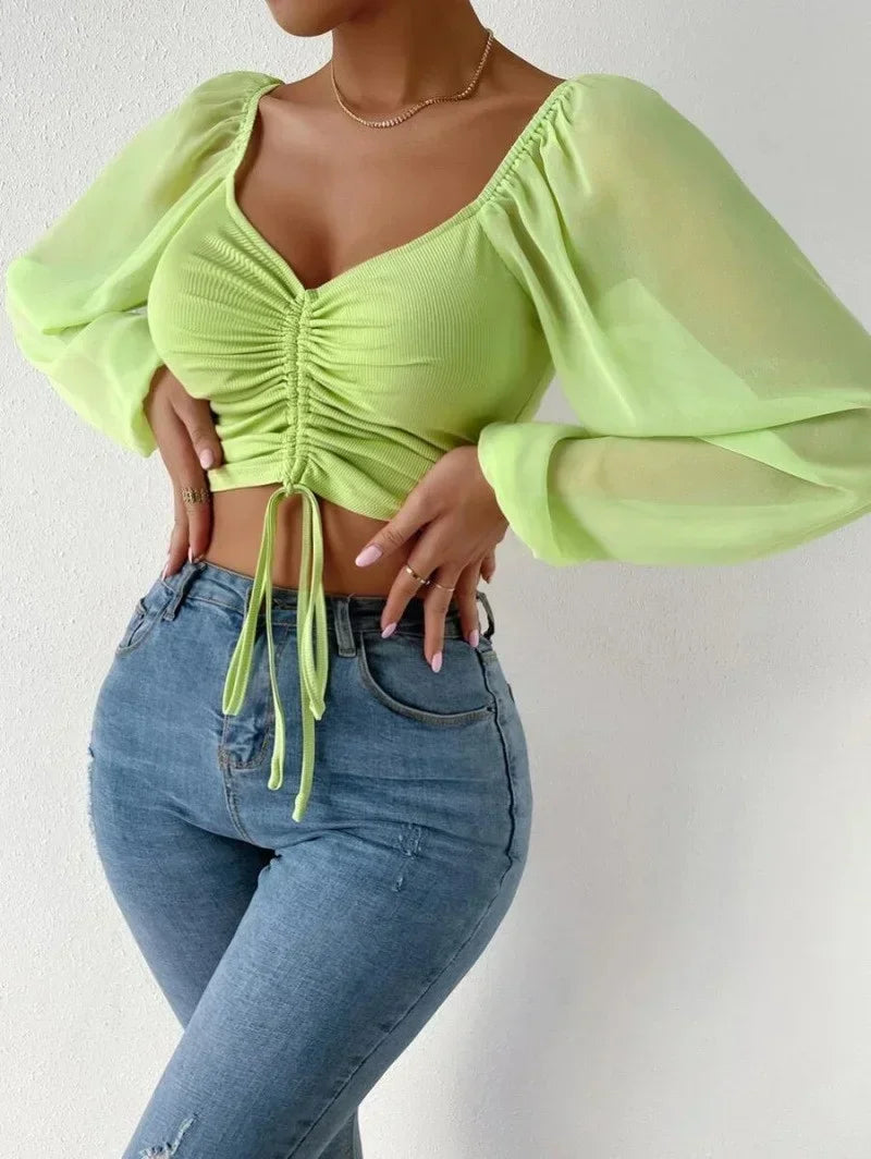 Marisol Drawstring Crop Top styled on model