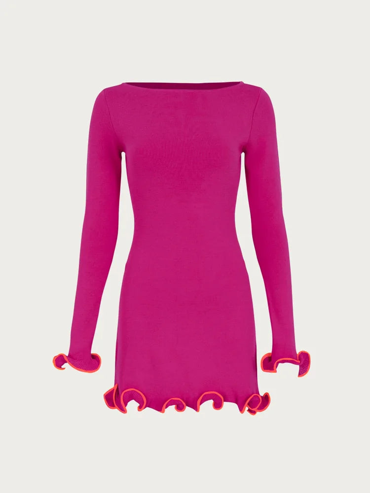 Rivelle Ruffle-Edge Knit Dress — Rose Red Mini Dress