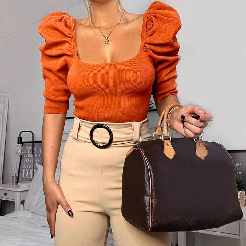 Vintage Puff Sleeve Square Neck Blouse