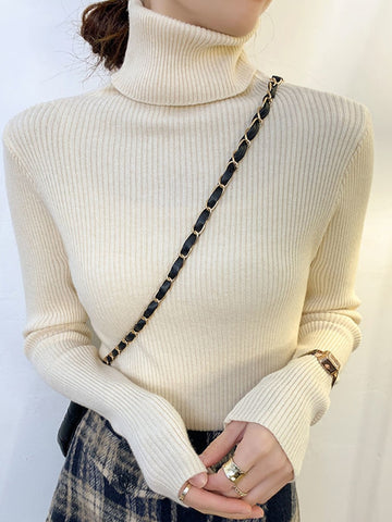Women Turtleneck Sweater Solid Color